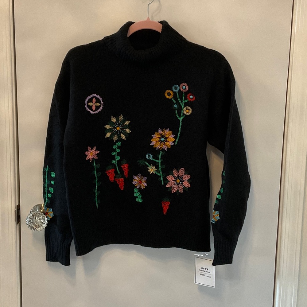 Ladies black turtleneck floral print sweater.  NWT